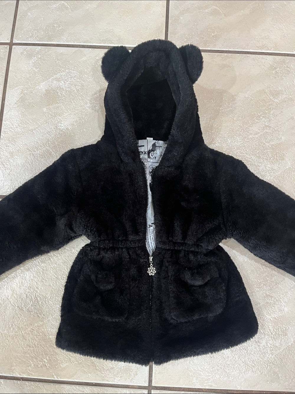 Black Faux Fur Hooded Baby Coat with Ear Details